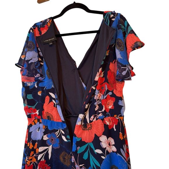 Lane Bryant Faux Wrap Midi Dress Navy Orange Ruffle Flutter Sleeve Size 16 - Picture 5 of 10